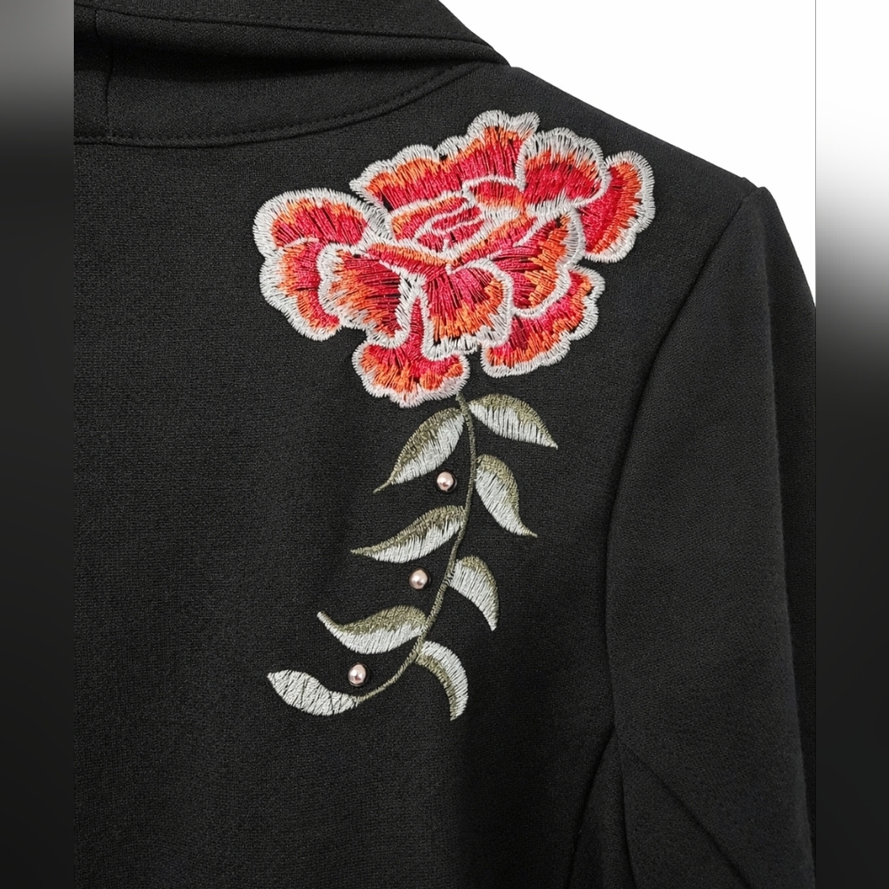 W5 (Anthropologie) Med Black Embroidered Moto Jacket Asymmetrical Zip - Picture 5 of 10
